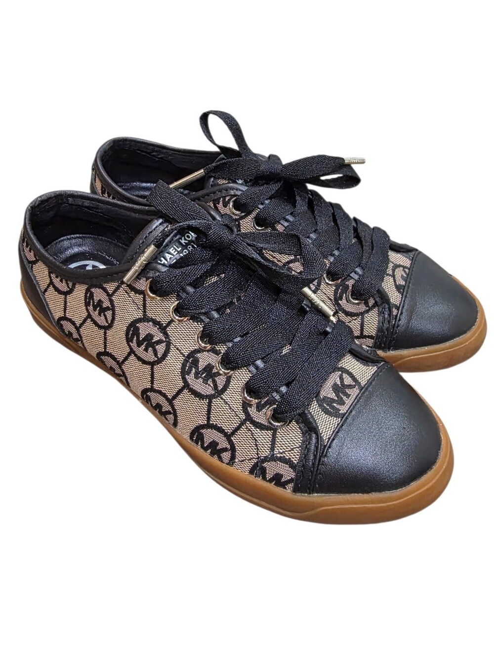 Michael Kors MK Logo Monogram Canvas Leather Sneakers Brown Black Size 6M - Picture 1 of 6